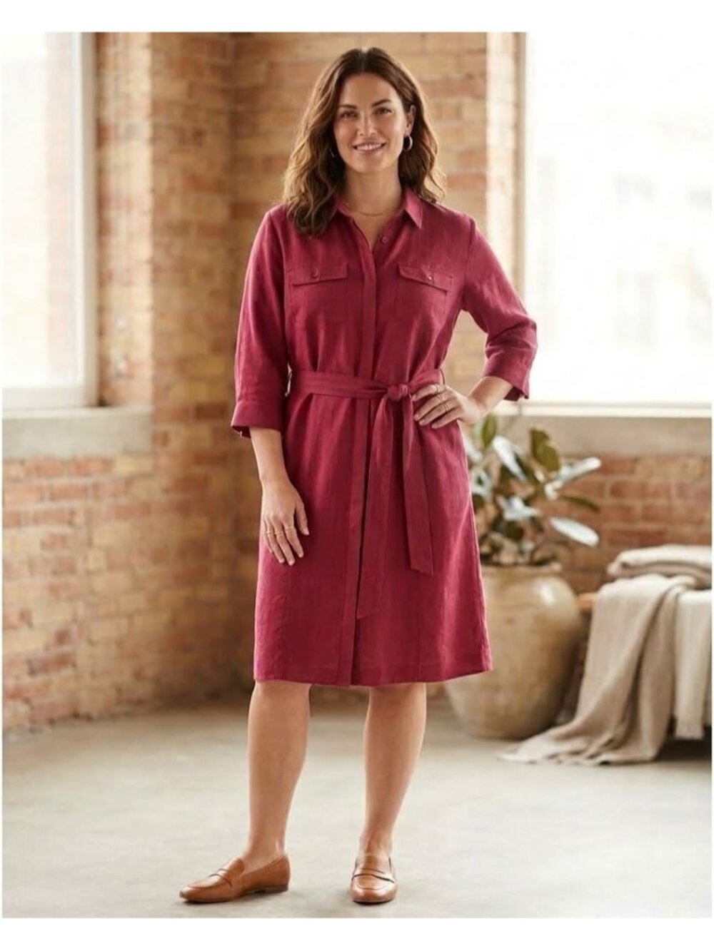 Pure Collection Silk Linen Shirt Dress US 14 16 Claret Red Belted Pockets New